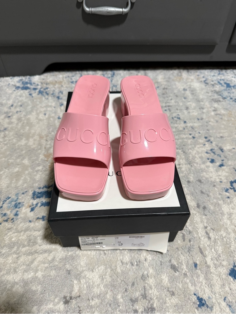 Gucci Pink Patent Logo Slide Mules